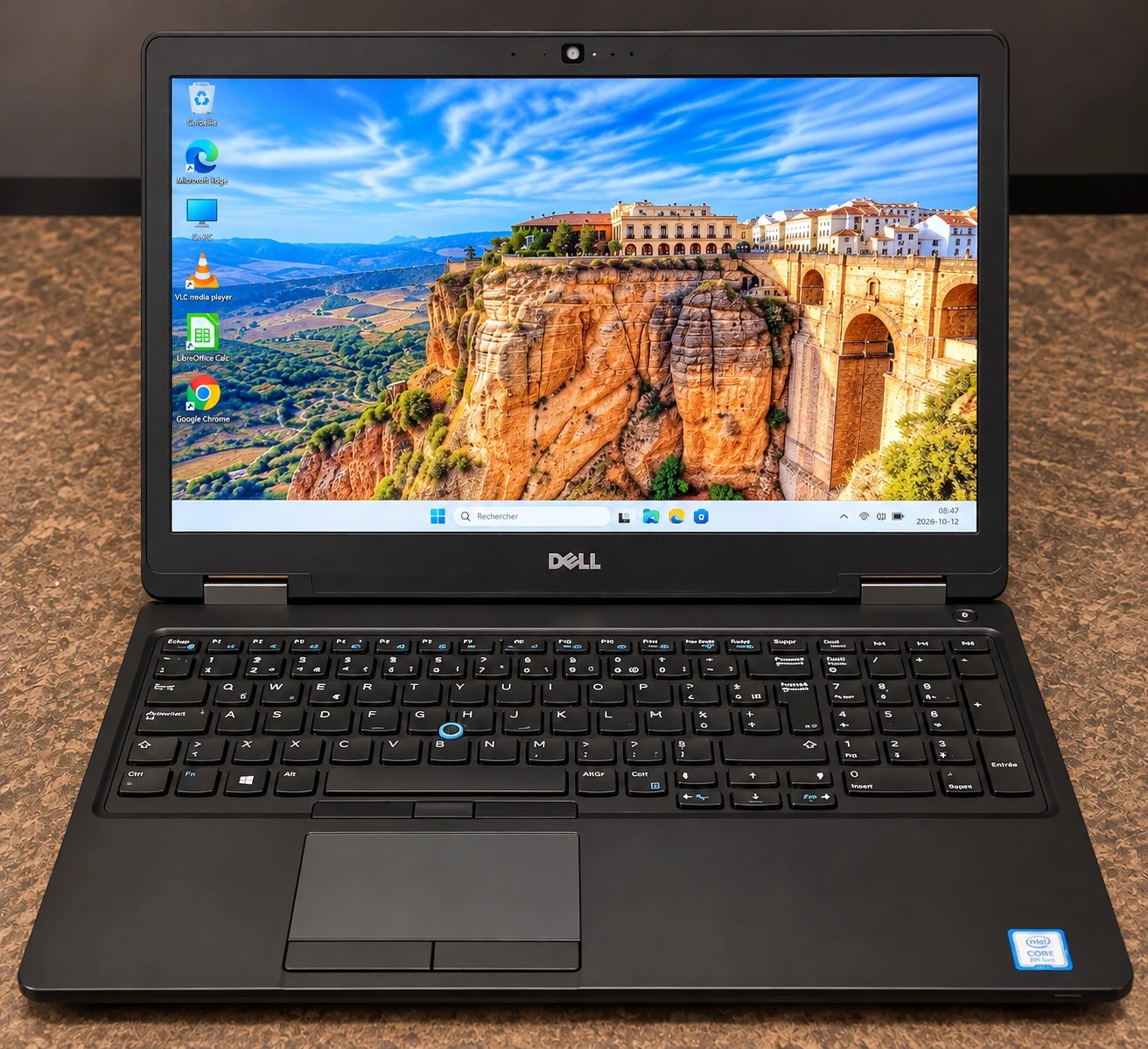 Ordinateur portable Dell ouvert, avec un paysage à l’écran